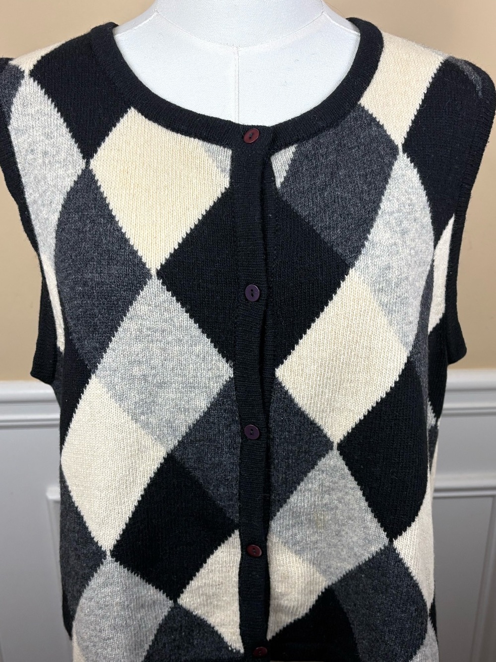 🖤 Parisian Signature 100% Lambswool Argyle Sweater Vest Cardigan L